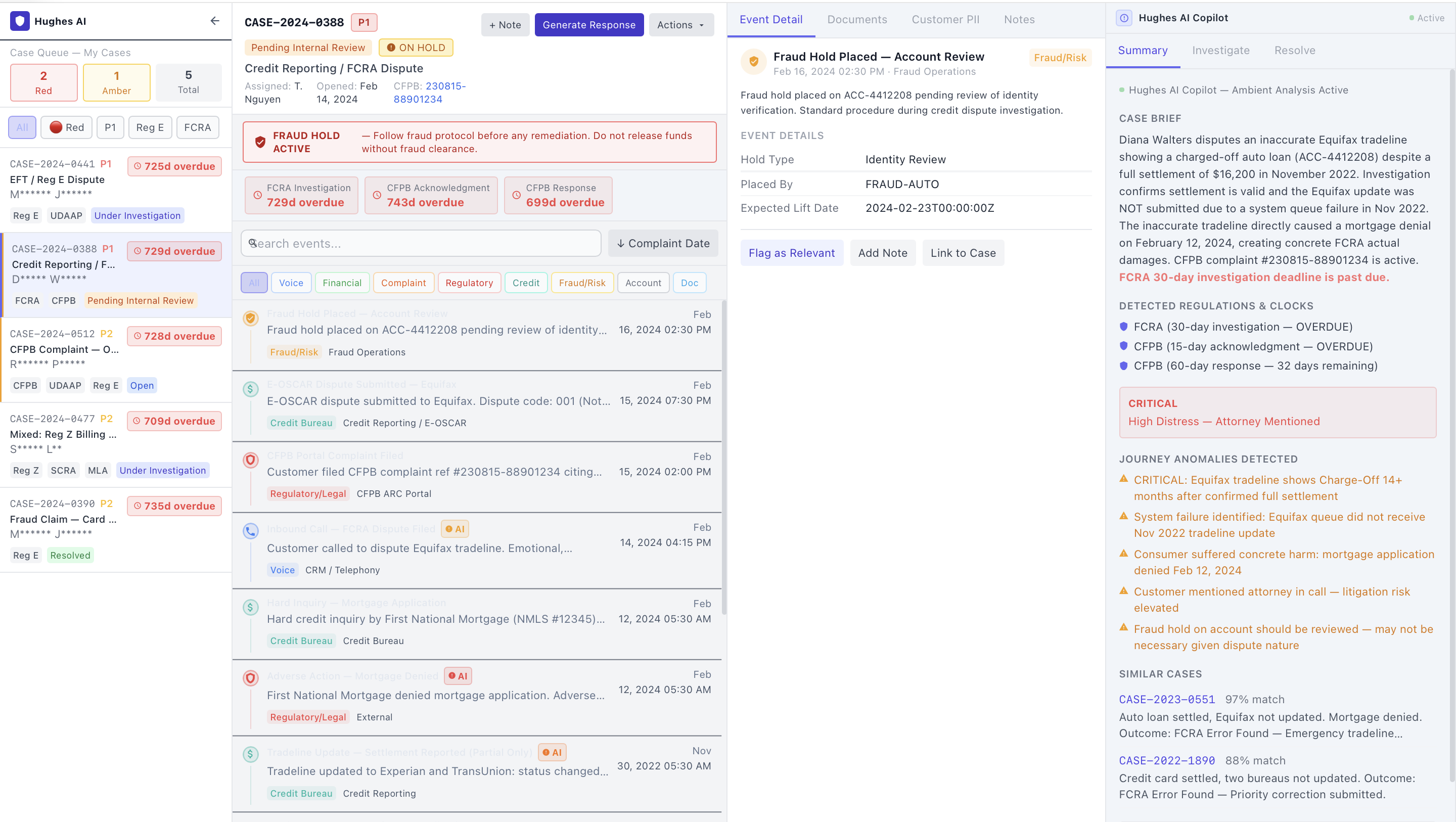 Hughes AI — Investigation workspace showing case context, workflow steps, and audit trail